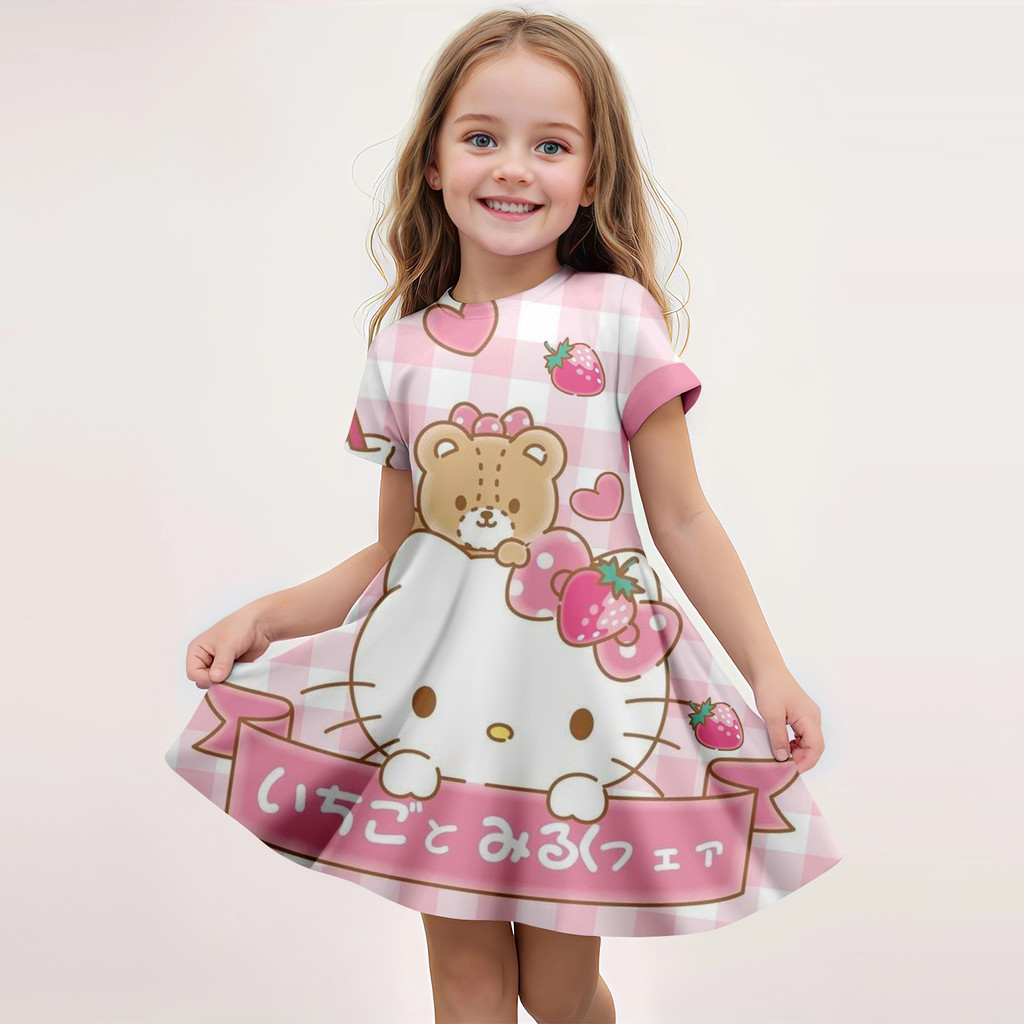 MINISO เป็นที่นิยม มินิโซ เด็กแฟชั่นใหม่สาวชุดการ์ตูนน่ารัก สวัสดี คิตตี้ 3ง พิมพ์ชุดเจ้าหญิงรอบคอบ้านสบาย