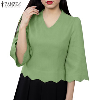 Zanzea เสื้อเบลาส์สีทึบคอวีลําลองเกาหลีสําหรับผู้หญิง