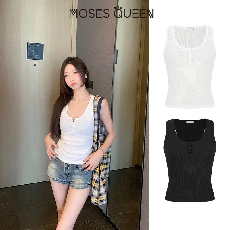 MOSESQUEEN  เซ็กซี่บริสุทธิ์ Lust สีขาวรูปตัว I เสื้อกั๊กแขวนหญิงฤดูใบไม้ผลิเครื