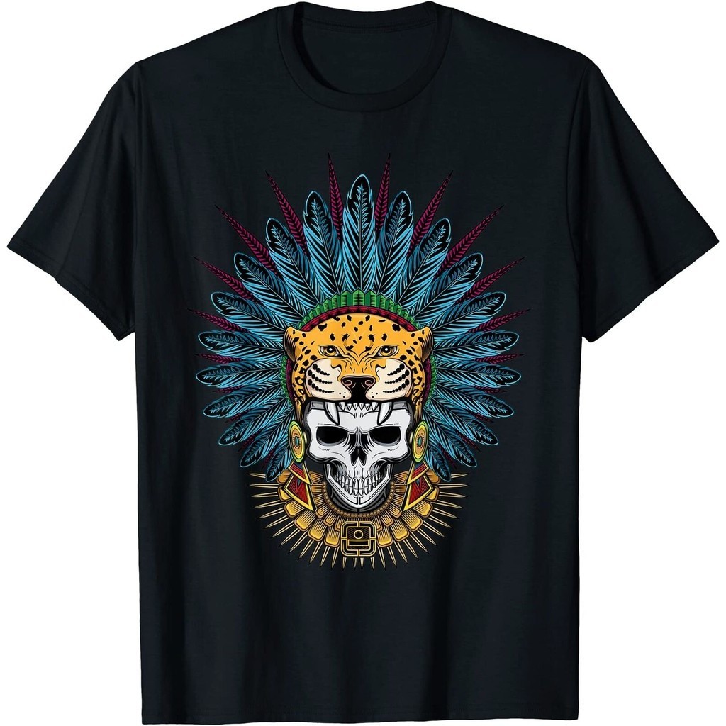 Aztec Jaguar Warrior Skull. เสื้อยืด ผ้าโพกศีรษะ Guerrero Azteca สไตล์พื้นเมือง