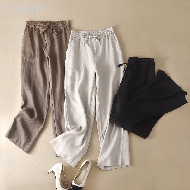 Women's Cotton and Linen Wide-Leg Pants Loose Slimming Large Size High Waist Straight Pants Drawstring Casual Women's Pants