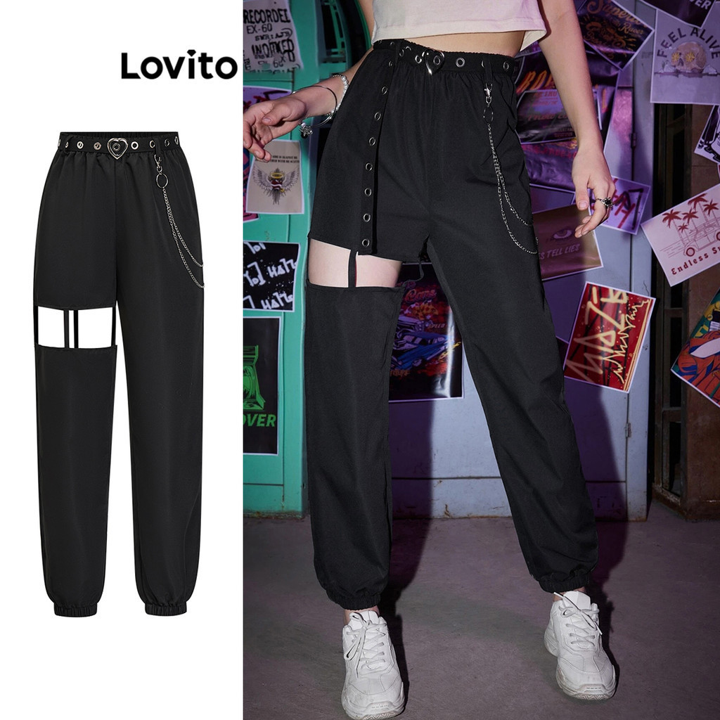 Lovito กางเกงขายาวลําลอง แต่งสายโซ่ สําหรับผู้หญิง LSA02002
