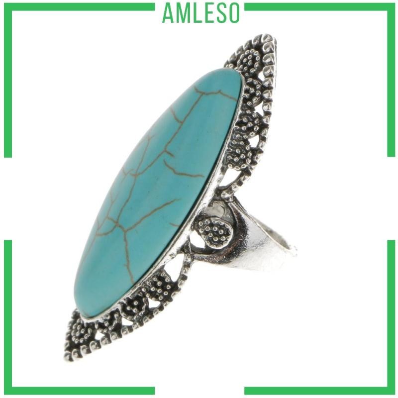 [Amleso] แหวนนิ้วยาว โลหะเทอร์ควอยซ์ สไตล์โบฮีเมียน ทิเบต วินเทจ