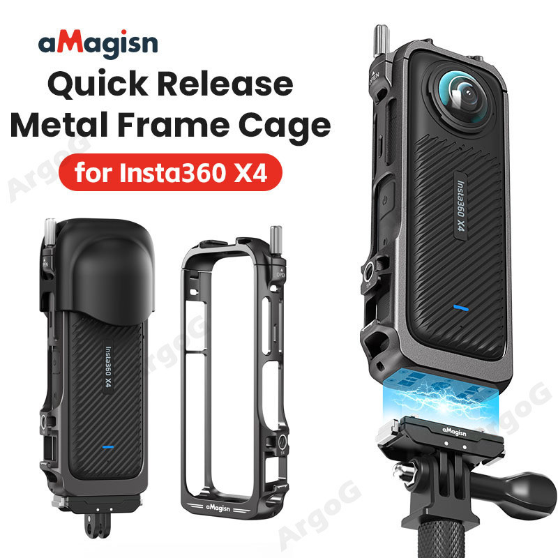 aMagisn กรอบโลหะถอดเร็วสำหรับ Insta360 X4 เคสป้องกันอลูมิเนียม รองรับยึดแนวนอน-แนวตั้ง อุปกรณ์เสริม Insta360 X4