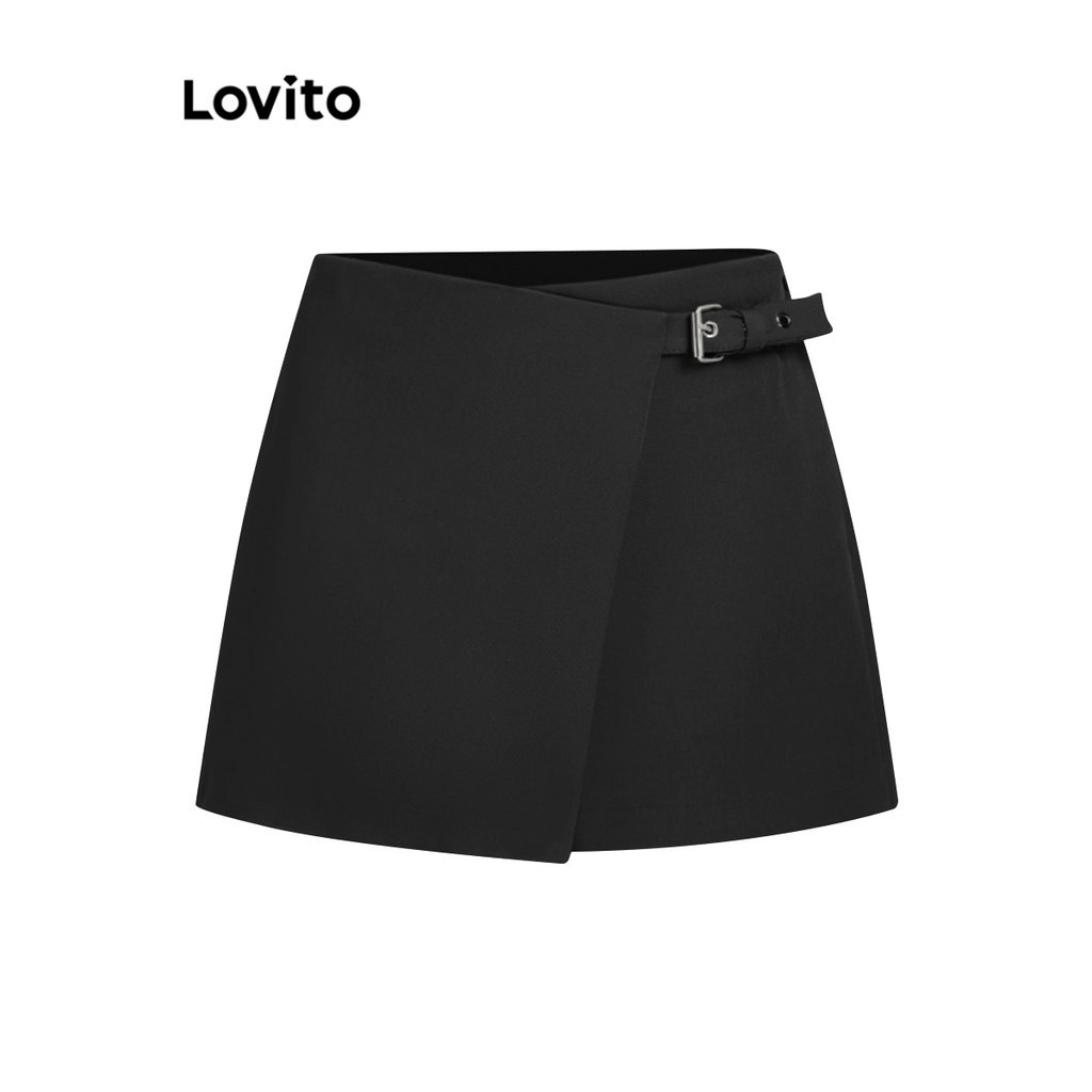 Lovito กางเกงกระโปรงผู้หญิง แต่งหัวเข็มขัด สีพื้น สไตล์ลำลอง L85AD264