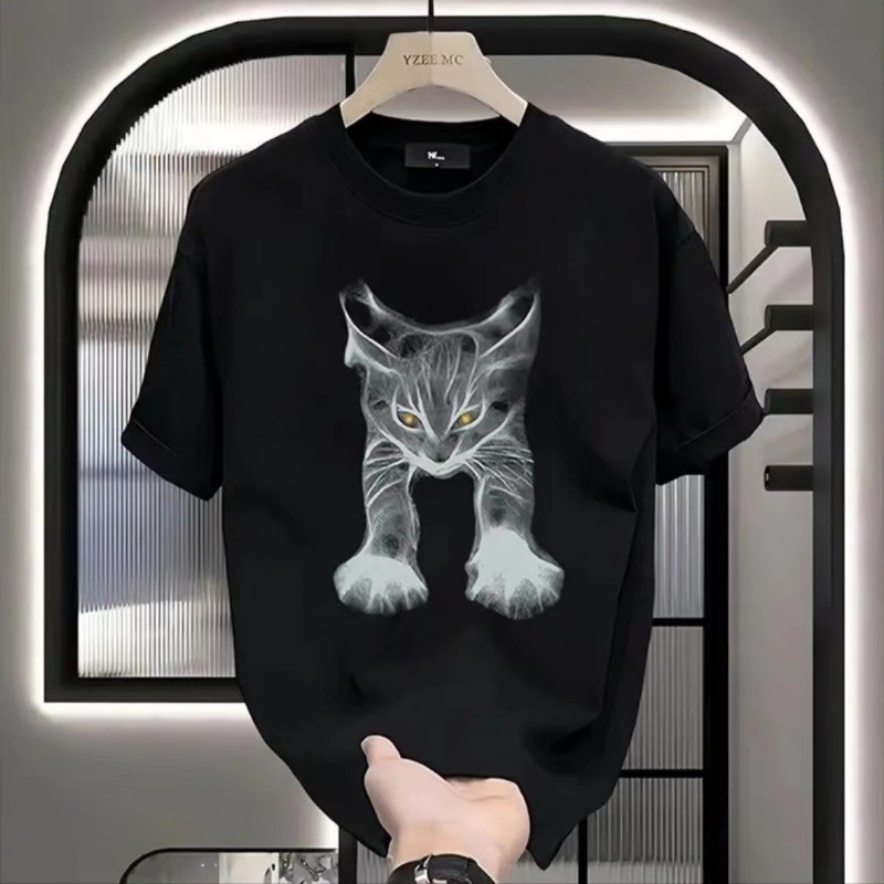 ใหม่ เสื้อยืดลําลอง แขนสั้น คอกลม พิมพ์ลายแมว พลัสไซซ์ สีดํา ขาว สําหรับผู้ชาย 2024 S-5XL