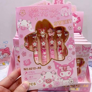 6Pcs/Pack Alloy Metal Sanrio Pink Sakura Festival 0.5mm Tinta Preta Gel Canetas Mymelody Kuromi Pom Purin Cinnamoroll Pochacco Assinatura Caneta Papelaria Para Estudantes Dia Das Crianças