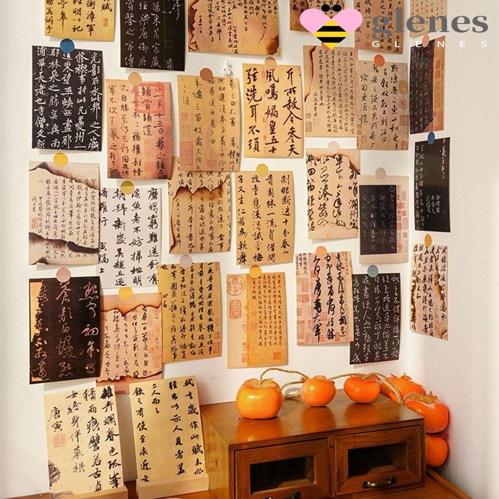 Glenes 30 แผ ่ นห ้ องโปสเตอร ์ Decor, INS สไตล ์ โบราณจีน Wall Collage Kit, Vintage จีนการประดิษฐ ์ ตัวอักษรสติกเกอร ์ Pad ด ้ านเดียว DIY โปสการ ์ ดวอลล ์ เปเปอร ์ Photo Props
