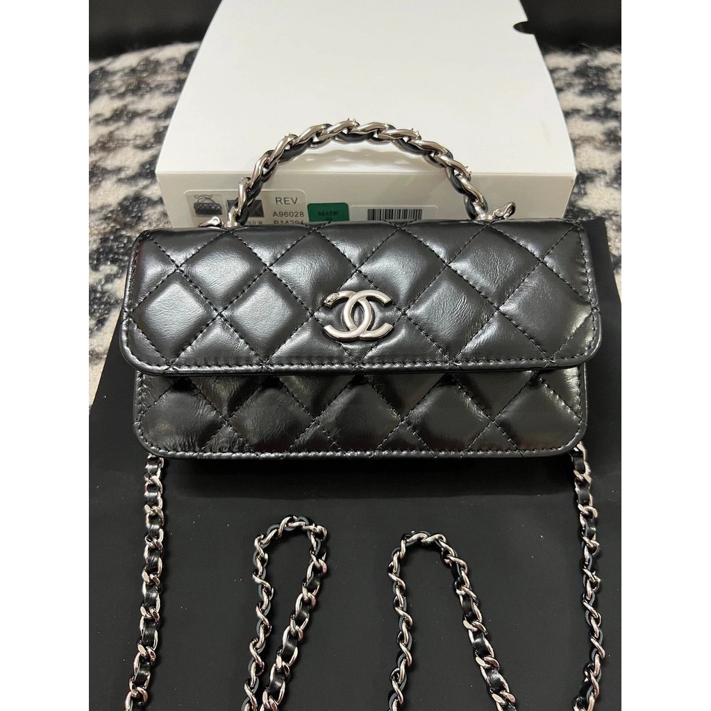 Chane1 Chanel 23K Black Silver Cowhide Handle Bag woc Chain Bag Shoulder Messenger Bag Handbag Female Bag