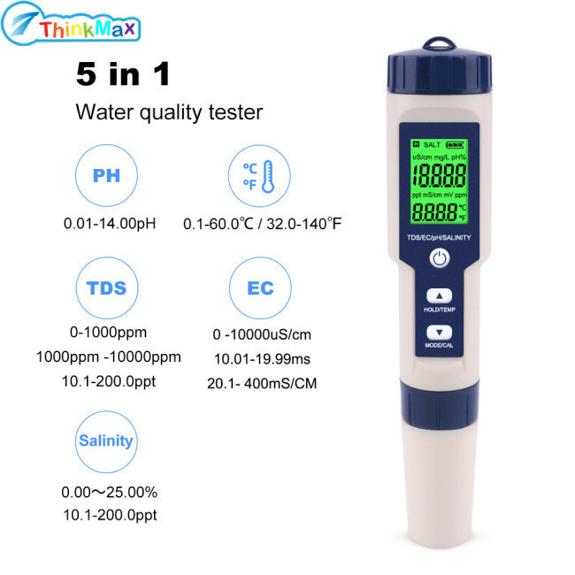 Megasale! 5 In 1 Digital Water Quality Monitor Tester Tds/ec/ph/salinity/temperature Meter สําหรับสระว ่ ายน ้ ําดื ่ ม