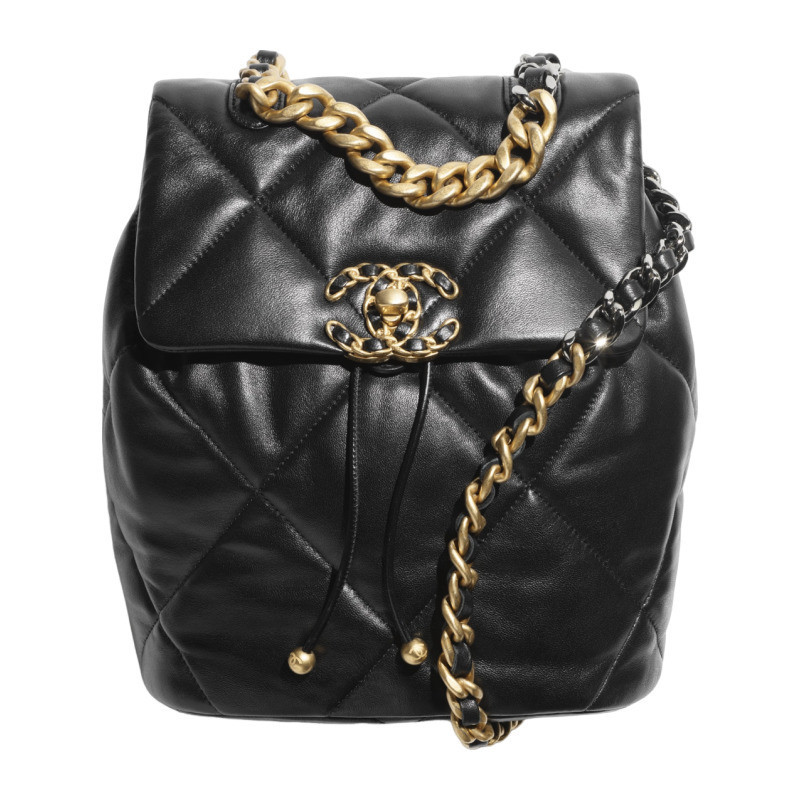 Chanel/Chanel Women's Bag 2024 New Zaino 19 Shiny Sheepskin Black Diamond Pattern Quilted Backpack