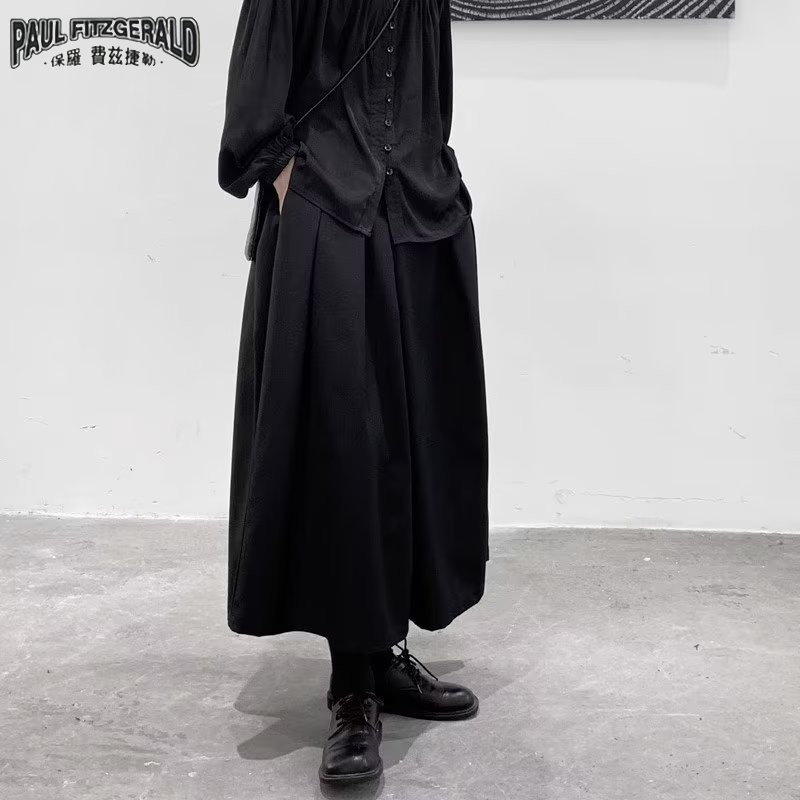 Paul FITZGERALD Yamamoto ชุดสูทสีเข้มฤดูร้อนผู้ชายขากว้างหลวมกระชับสัดส่วนเอวสูงกางเกงลําลองทรงตรงเฉพาะเก้าจุด