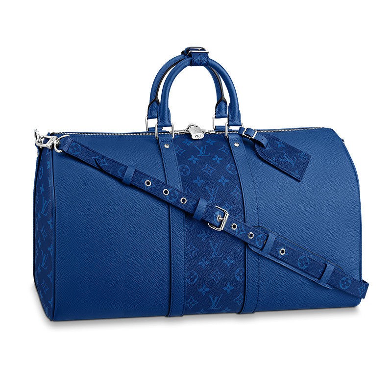 Louis Vuitton/Louis Vuitton Men's Bag LV KEEPALL 50 Blue Calf Canvas Large Zipper Travel Shoulder Carrying Luggage M5376