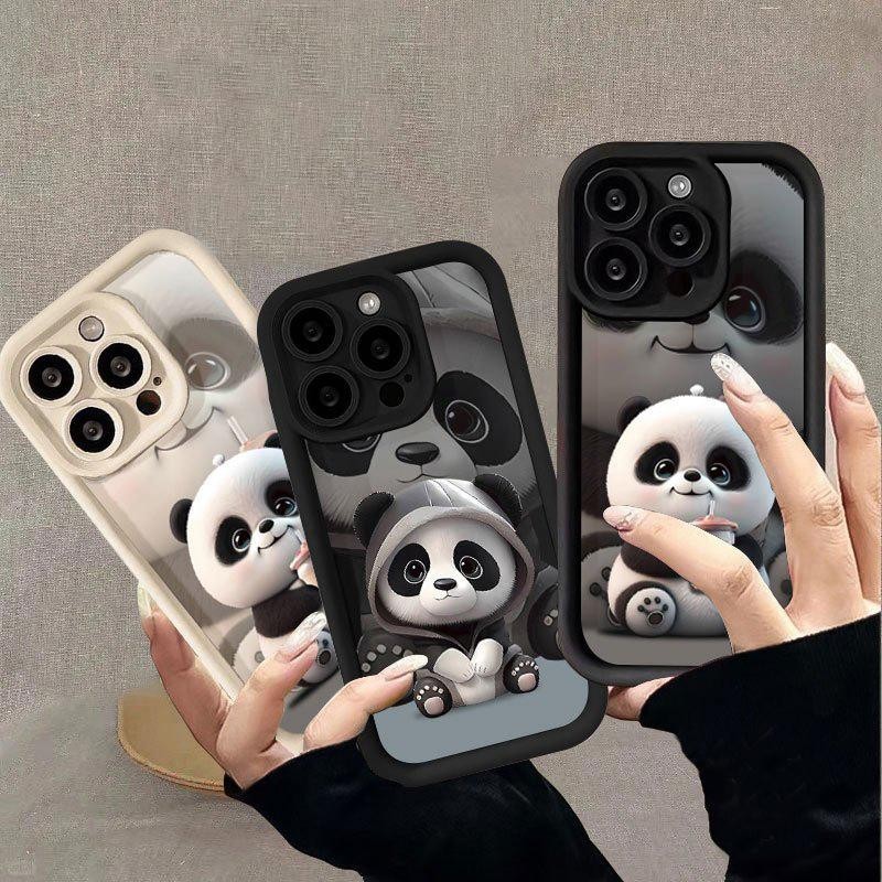 สําหรับiphone 15 Pro Max 13 14 11 12 Mini 8X XS XR 6 6S 7 8 Plusโทรศัพท์มือถือกรณียิ้มPandaกาแฟนมชาการ์ตูนซิลิโคนกรณีสัตว์พิมพ์INSน่ารัก