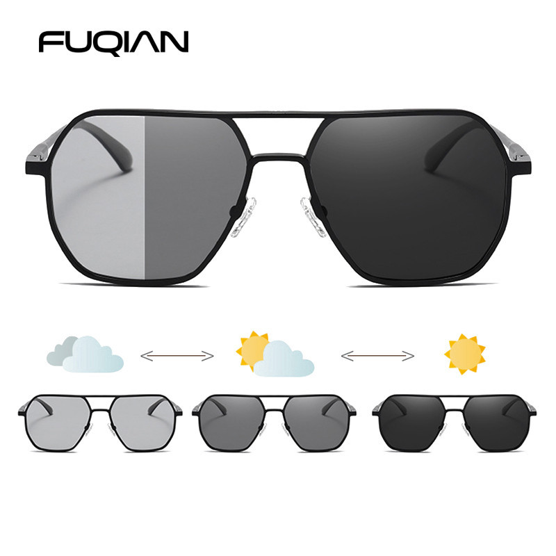 YJ Luxury Metal Photochromic Sunglasses Men Women Fashion Polarized Sun Glasses Stylish Chameleon Anti-glare Driving Sha