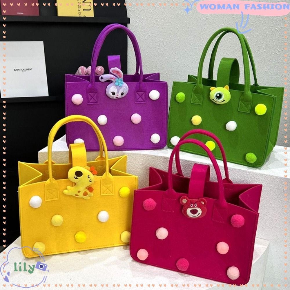 Lily Candy Color Handbags, Felt Strawberry Shopping Bag, Portable Cosmetic Bag Bear Bag 6Colors Felt Bag