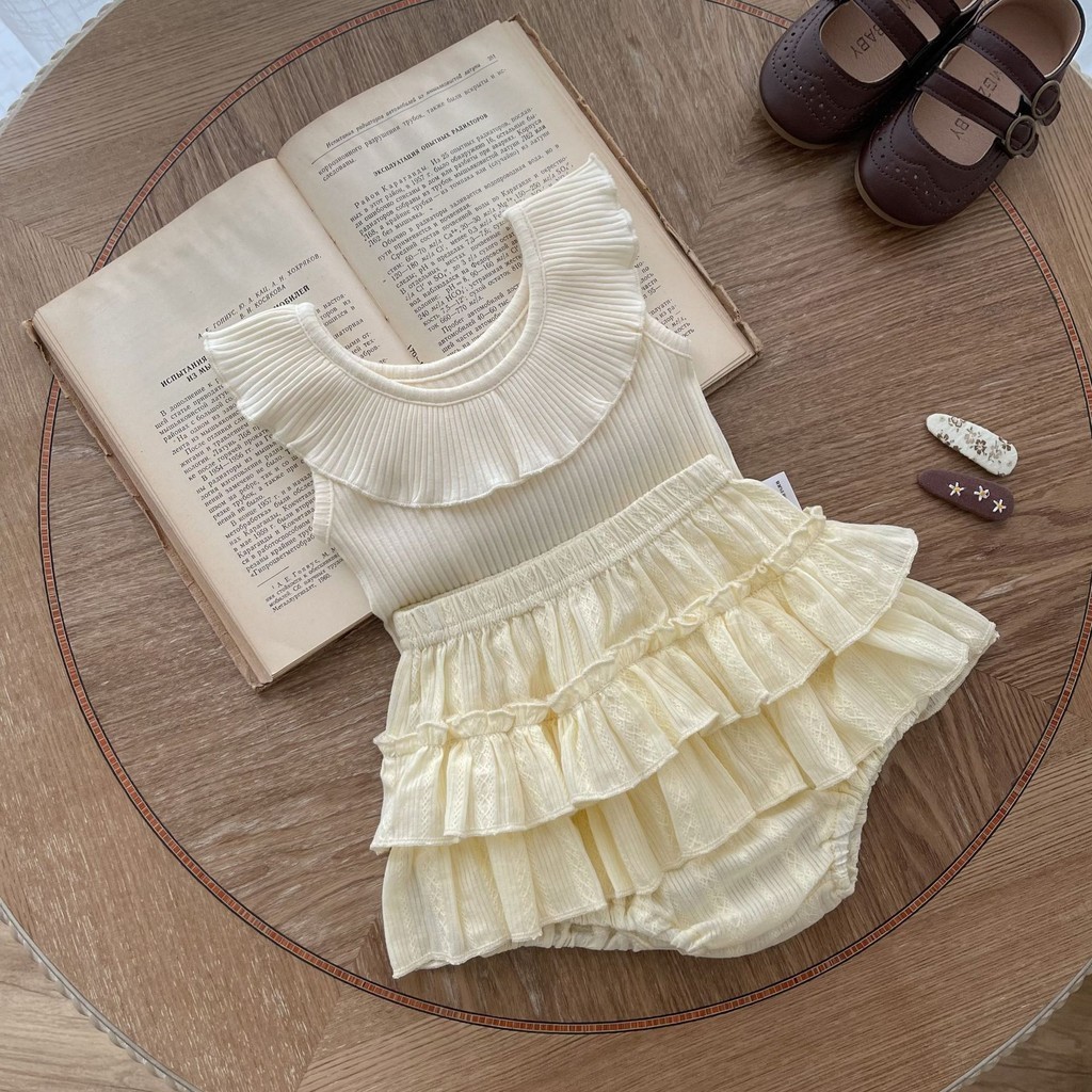 Ins Baby Summer แขนกุด Ruffle Collar Top พร ้ อมกางเกงขาสั ้ นชุดเจ ้ าหญิงเด ็ กผู ้ หญิง