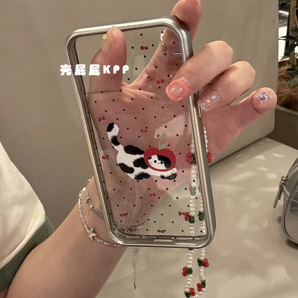 Huiwanju ลาย dot แมวน่ารักสีดําเหมาะสําหรับ iPhone 15 Promax เคสโทรศัพท์ iP13 แพ็คเกจเต็ม 15 ใหม่ 12 นุ่ม 14 Promax โปร่งใสขอบเงินป้องกันกรณี 14