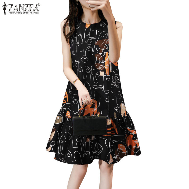 Zanzea ผู ้ หญิงหลวมรอบคอ Fishtail Ruffle Hem พิมพ ์ ชุดเดรสแขนกุด