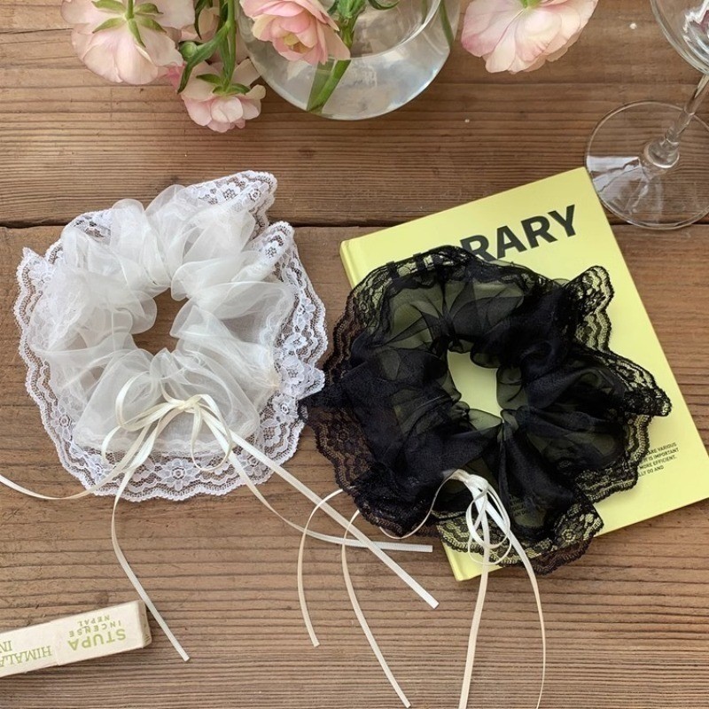 Simple ลายสก๊อตดอกไม้ยืดหยุ่นผมขนาดใหญ่ - Elegant Lace Bow Scrunchies - สาวผมหางม้ายางรัดผ้าโพกศีรษะ