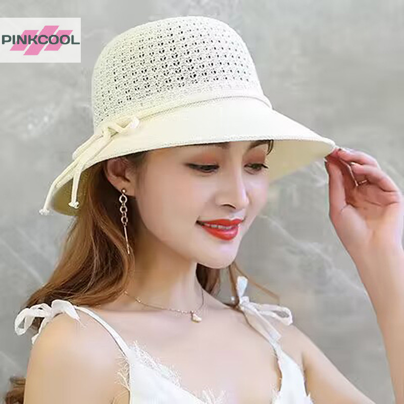 Pinkcool 1 ชิ้นฤดูร้อนหมวกฟางดอกไม้เทียม Bowknot ตกแต่งป้องกันแสงแดดหมวกกันแดดหมวกชายหาดระบายอากาศสําหรับผู้หญิงร้อน