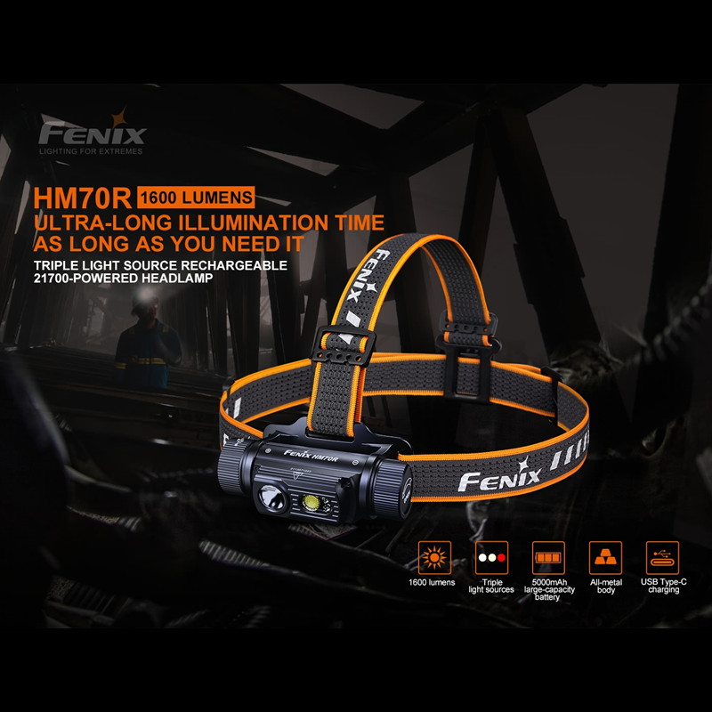 ไฟฉาย Fenix HM70R ส่องสว่าง 1600 ลูเมน ชาร์จอเนกประสงค์ พร้อมแบตเตอรี่ 21700 Li-ion ความจุ 5000mAh