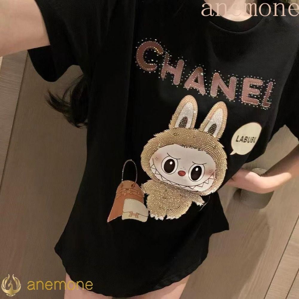 ANEMONE Labubu Print T Shirt, Letter Rhinestone Labubu Oversized Top, All Match Shiny Short Sleeved 