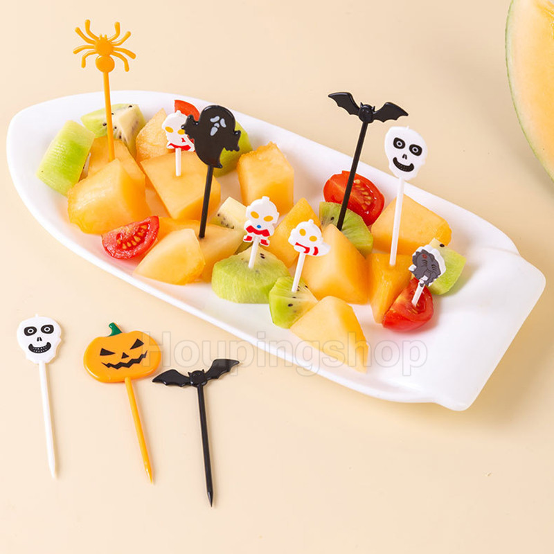 10ชิ้นฮาโลวีนส้อมผลไม้การ์ตูนเด็กเค้กขนมเลือกไม้จิ้มฟันอาหารกลางวันเลือกอาหารส้อมเบนโตะพรรคตกแต่งสุ่มสไตล์