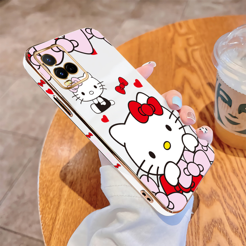 สําหรับ Vivo Y21 Y21S Y21T Y33S Y33T Y21G Y21e Y21a T1X 4G การ์ตูน Kitty Cat เคสโทรศัพท์หรูหราชุบ TPU ปกอ่อนกันกระแทกกรณี