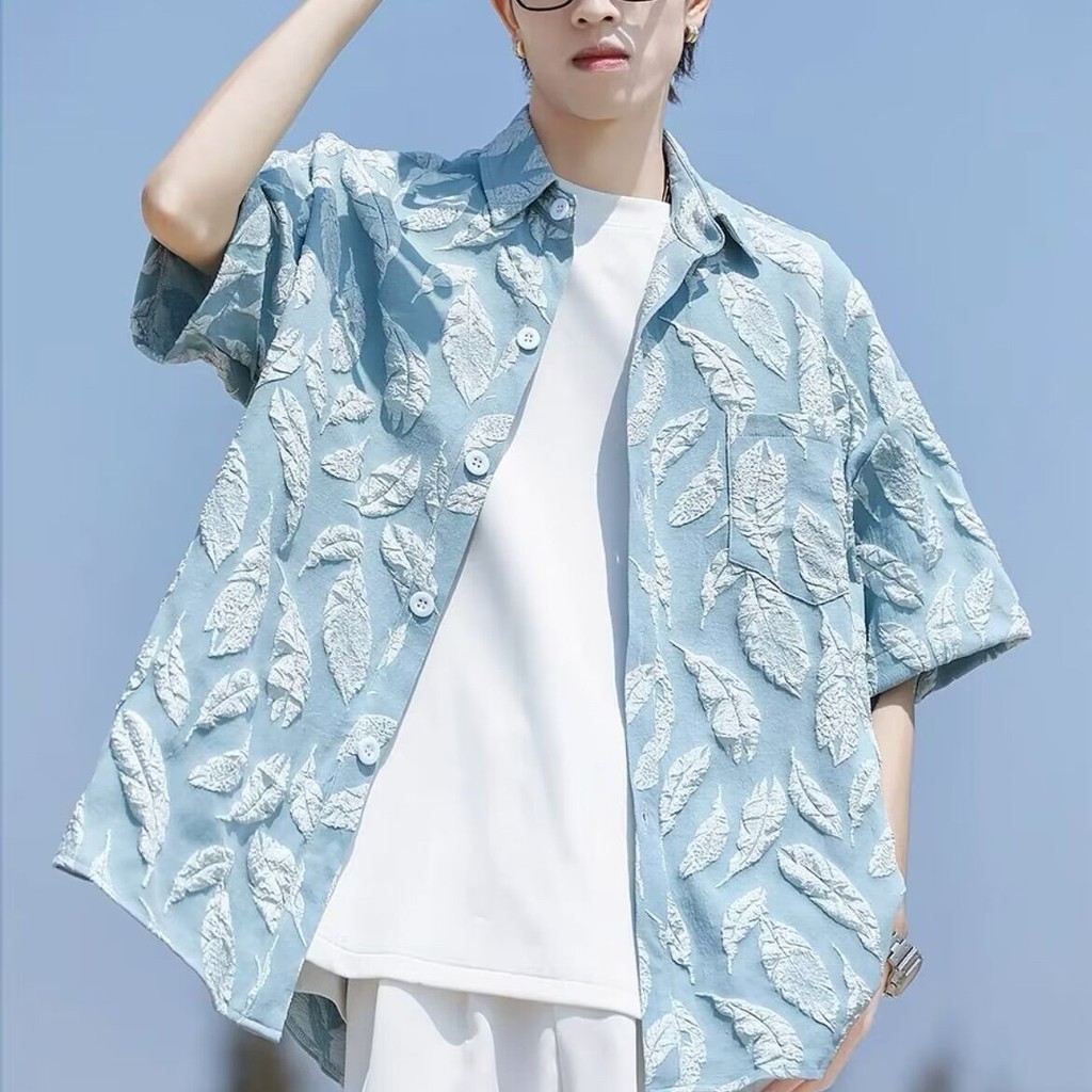 หล่อแขนสั้นเสื้อดอกไม้ฤดูร้อนออกแบบระดับไฮเอนด์ด้านบนผู้ชายสีดําเสื้อลําลองเสื้อสไตล์จีนแจ็คเก็ต