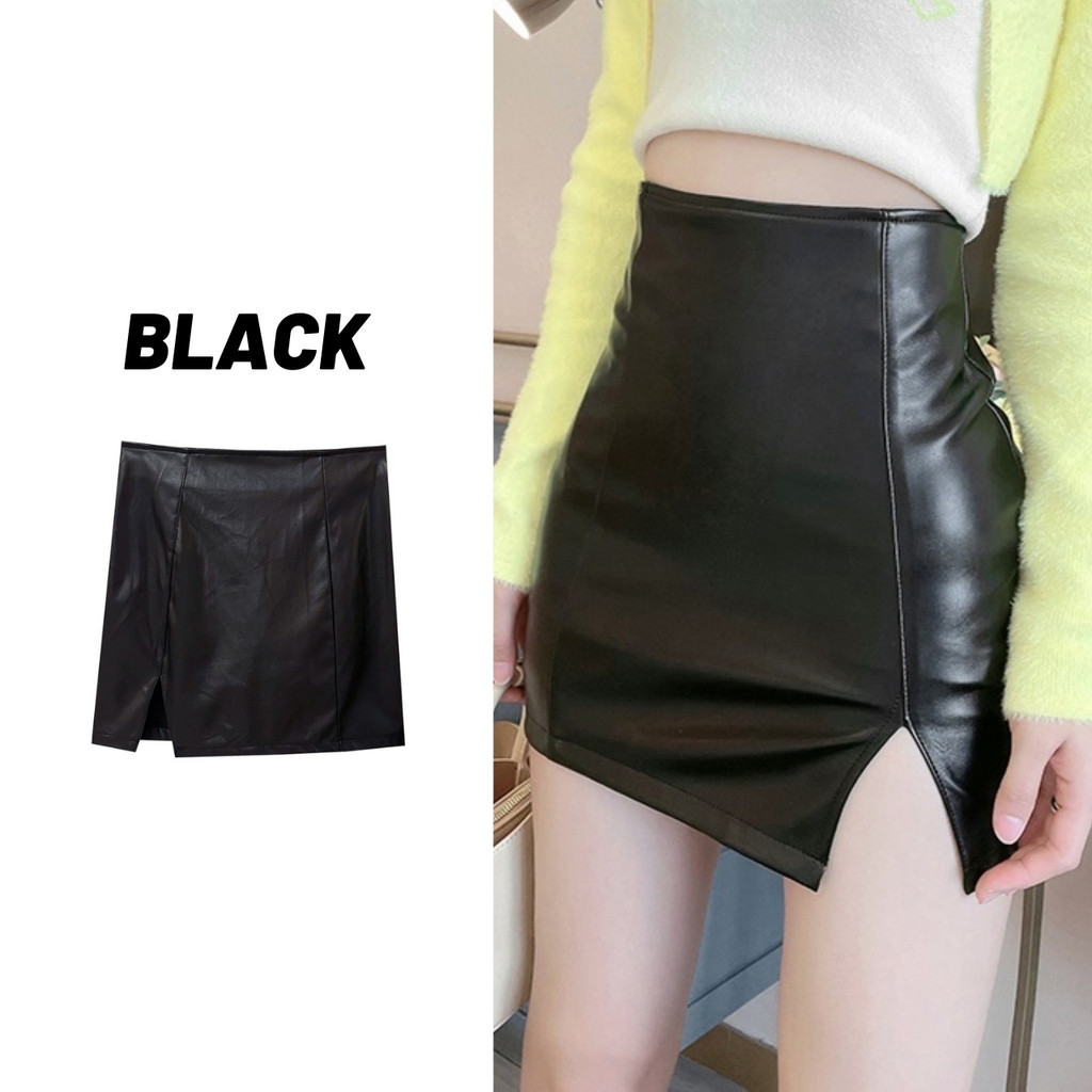 Sale80% กระโปรงหนังสีดำ สลิมฟิต รุ่นตีเกร็ด มีซิปหลัง ผ่าหน้า มีกางเกงซับใน