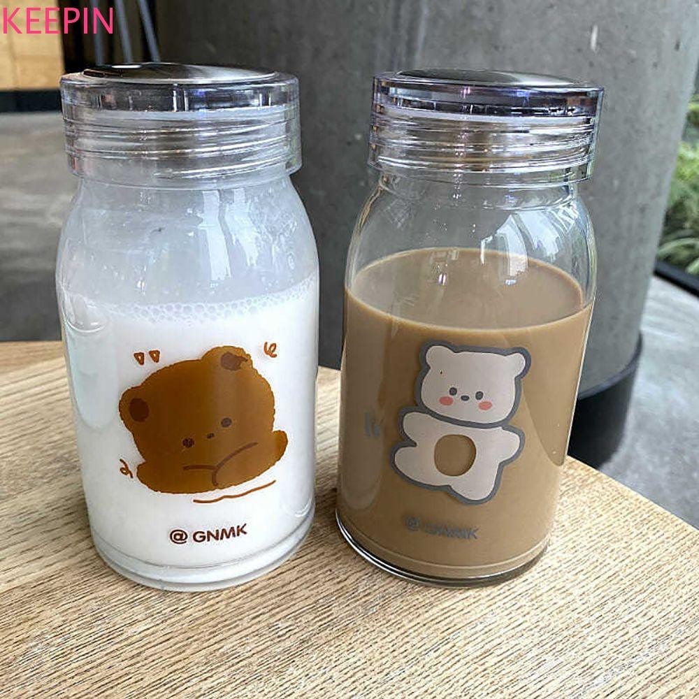 Keepin ถ้วยทนทาน Leakproof 450ML แก้วกาแฟ Drinkware พร้อมฝาปิดปิดผนึกหมีแก้วหนาถ้วยดื่มแบบใช้ซ้ําได้