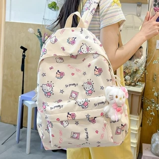 SANRIO กระเป๋าเป้สะพายหลัง ซานริโอ Hello Kitty สําหรับนักเรียนความจุขนาดใหญ่น้ําหนักเบาพิมพ์แฟชั่นกระเป๋าการ์ตูนหญิงอเนกประสงค์