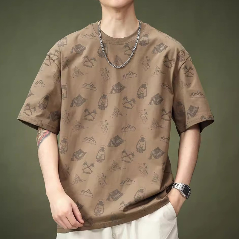 เสื้อยืดผู้ชาย ฤดูร้อนขนาดใหญ่หลวมสบาย ๆ พิมพ์เสื้อยืดคอกลมแขนสั้น เสื้อยืดชาย