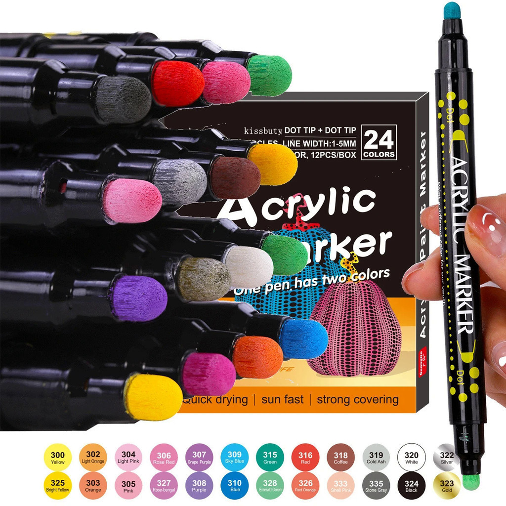 12 สี 24 สีอะคริลิคสี Markers ปากกาสี Dual Head Brush/Round Tip สําหรับเด ็ ก DIY ภาพวาด
