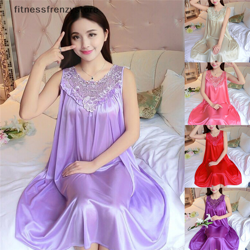 [Fitnessfrenzystore] ผู้หญิงผ้าไหมลูกไม้ Nightgown ชุดนอนผ้าไหมสีทึบขนาดใหญ่ Swing Home เสื้อผ้า [th]