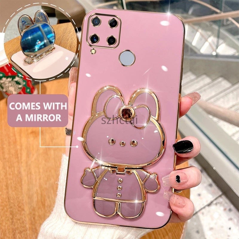 โทรศัพท์มือถือชุบหรู Realme c15 c25 c25s c12 narzo 30a น่ารักรูปกระต่ายกรณีโทรศัพท์กับ 360 องศาหมุนผู้ถือกรณีกับกระจกเครื่องสำอาง เคส Realme c15 c25 c25s c12 narzo 30a