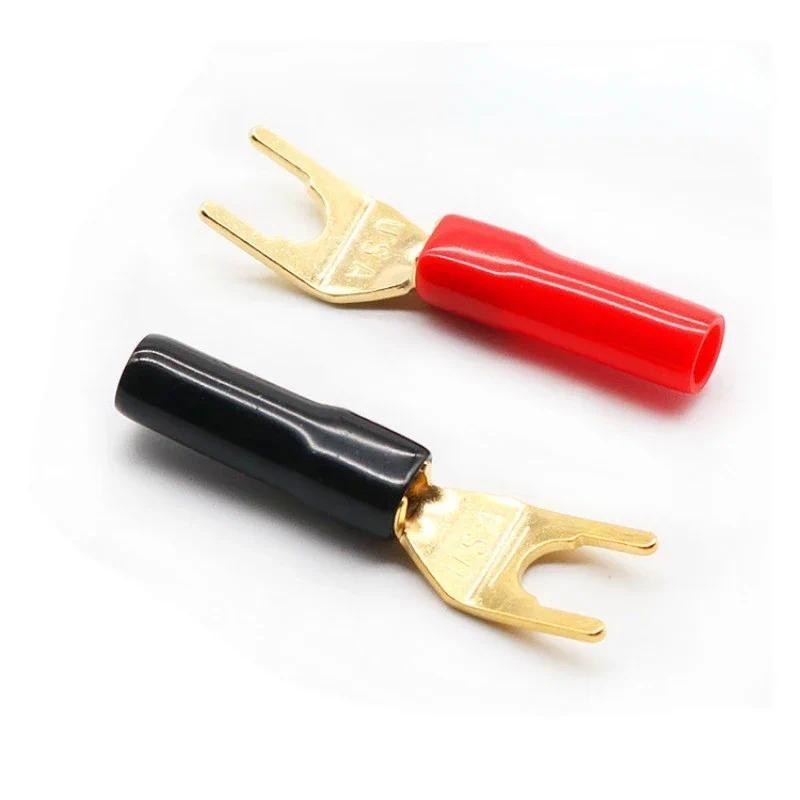 4 ชิ้น Y-style Spade ปลั๊กกล้วย Gold Plated ส้อมกล้วย Plug Solderless ลําโพงสายไฟตัวเชื่อมต่อชุด