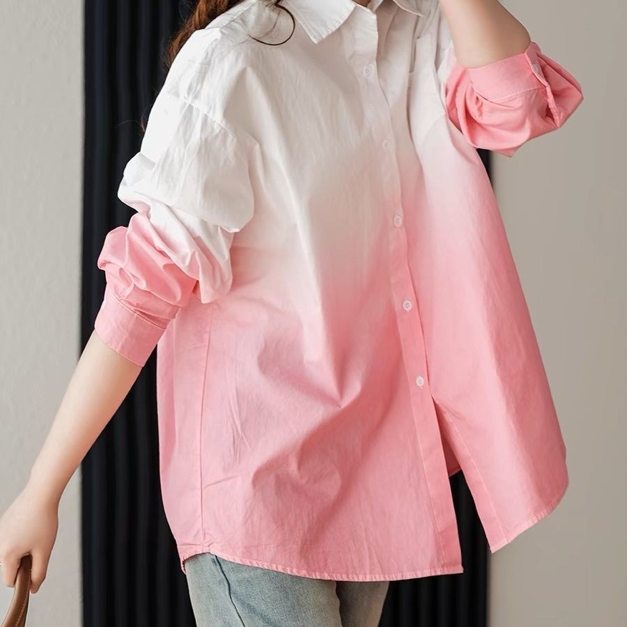 2024 ฤดูใบไม้ผลิเกาหลีรุ่นผ้าฝ้ายเสื้อผู้หญิง Segment Dyed Gradient Art Design Niche หลวมเสื้อลําลอง All-Match