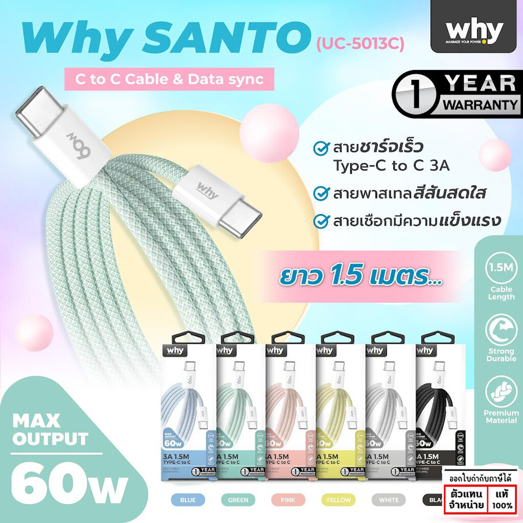 Why Santo สายชาร์จ Type-C to Type-C Cable ยาว 1.5M 60W สีพาสเทล UC-5013C สาย USB แท้ ใบกำกับภาษี