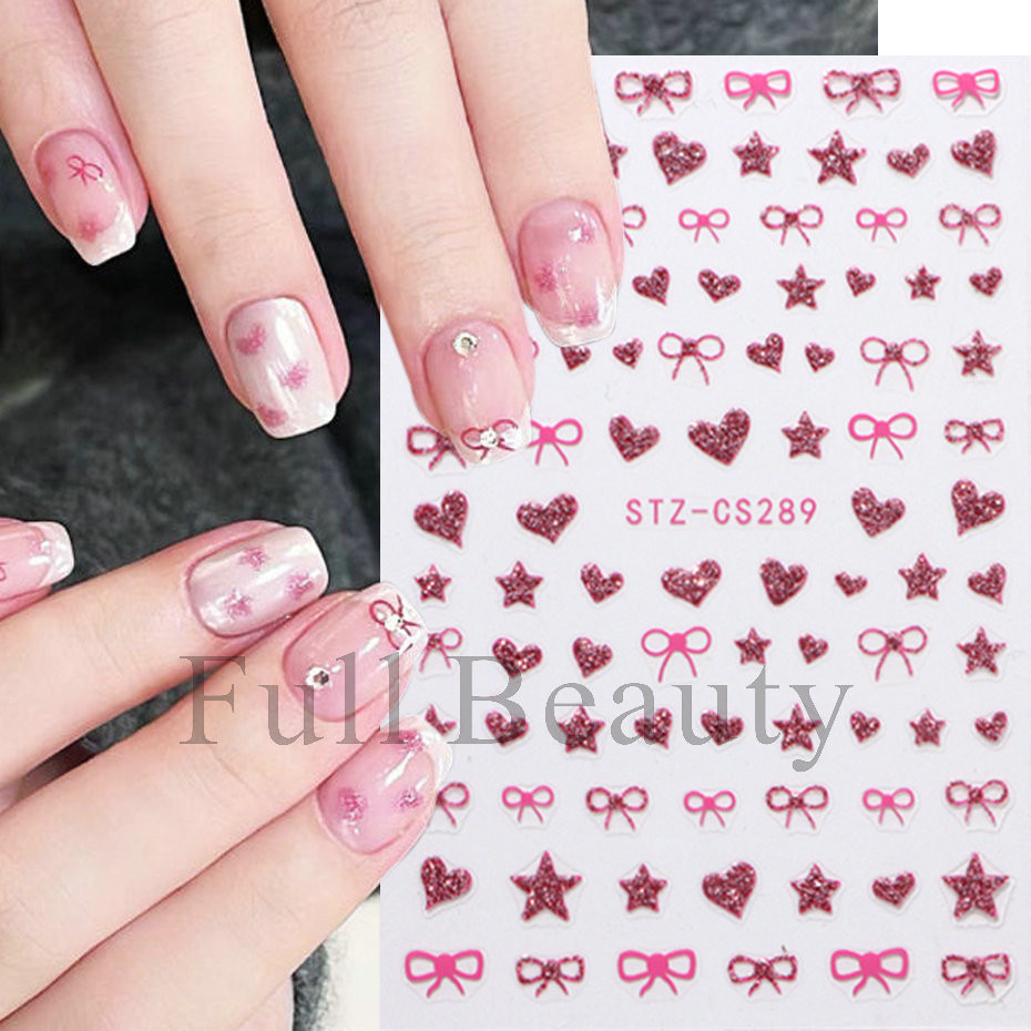 สติ๊กเกอร์ติดเล็บ Glitter สีชมพู French Bow Love Heart Star สติ๊กเกอร์ติดเล็บกาว ราคา ถูกที่สุด ดีลบีเคเค แกลเลอรีภาพที่ 2