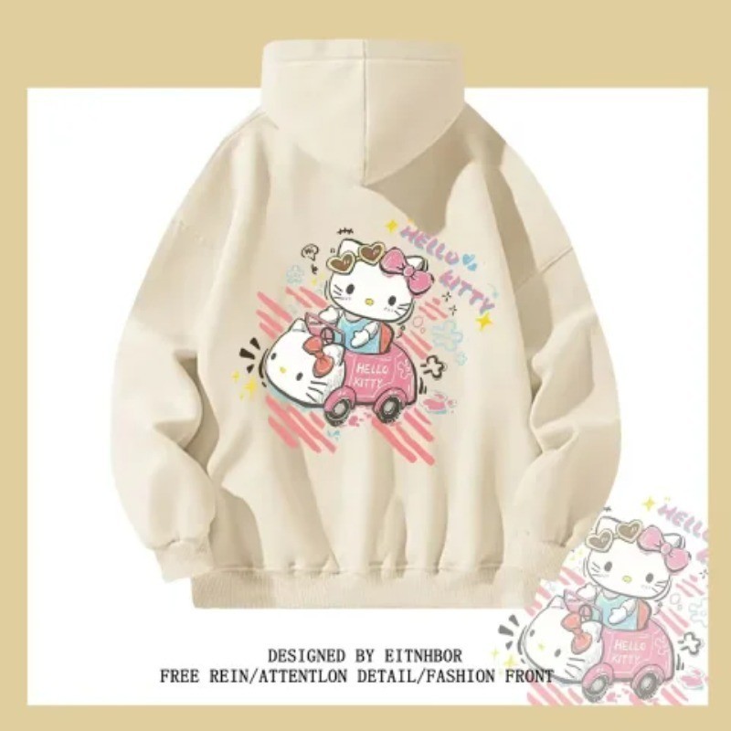 การ์ตูนขับรถเคลลี่แมวน่ารักพิมพ์ผู้หญิงขนาดใหญ่เสื้อกันหนาวหมวกฤดูใบไม้ร่วงสไตล์วิทยาลัยคู่แขนยาวด้านบน