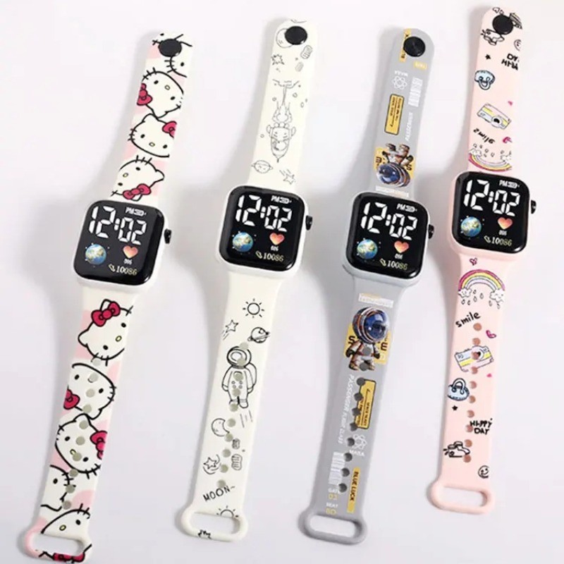 Sanrio การ์ตูนเด็กนาฬิกา Kuromi Cinnamoroll My Melody กันน้ําอิเล็กทรอนิกส์ LED Light นาฬิกาสําหรับเด็กหญิงสายรัดซิลิโคน
