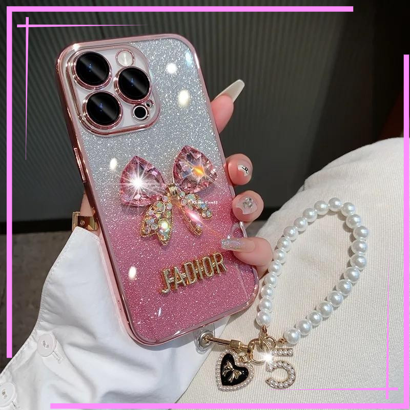 เคสโทรศัพท์สําหรับiphone 15 14 13 12 11 ProMax 15 14 Plus XS MAX XR XS X 15 14 13 12 11 Pro Rhinestone Bowknotกันกระแทกฝาหลังพร้อมเชือกเส้นเล็ก