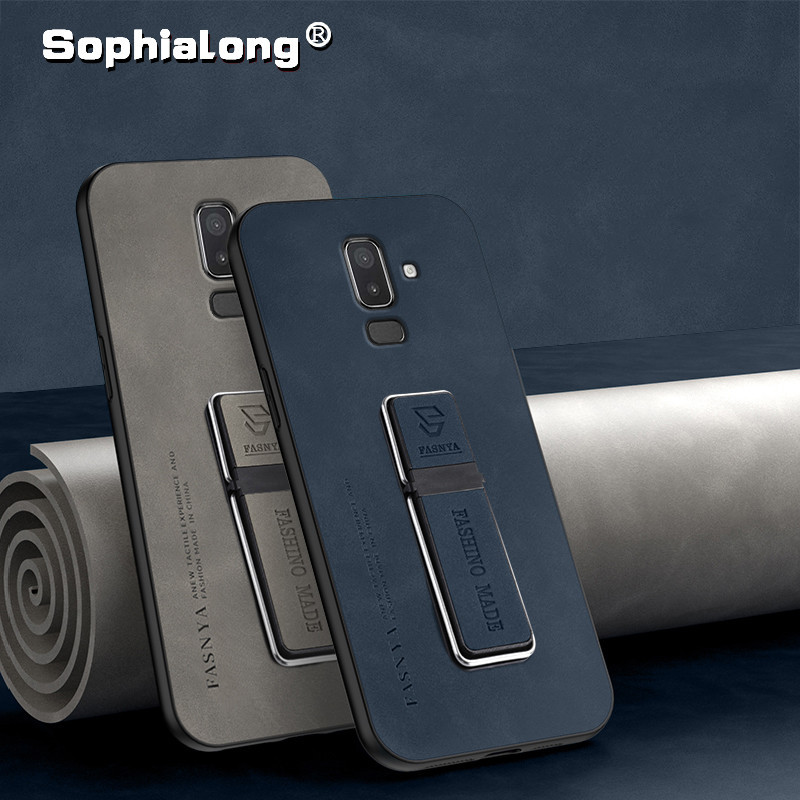 ซองหนังหรูหราสําหรับ Samsung Galaxy J8 J4 J6 Plus + 2018 J810 Hard PC ฝาหลังพร้อมขาตั้งโลหะ