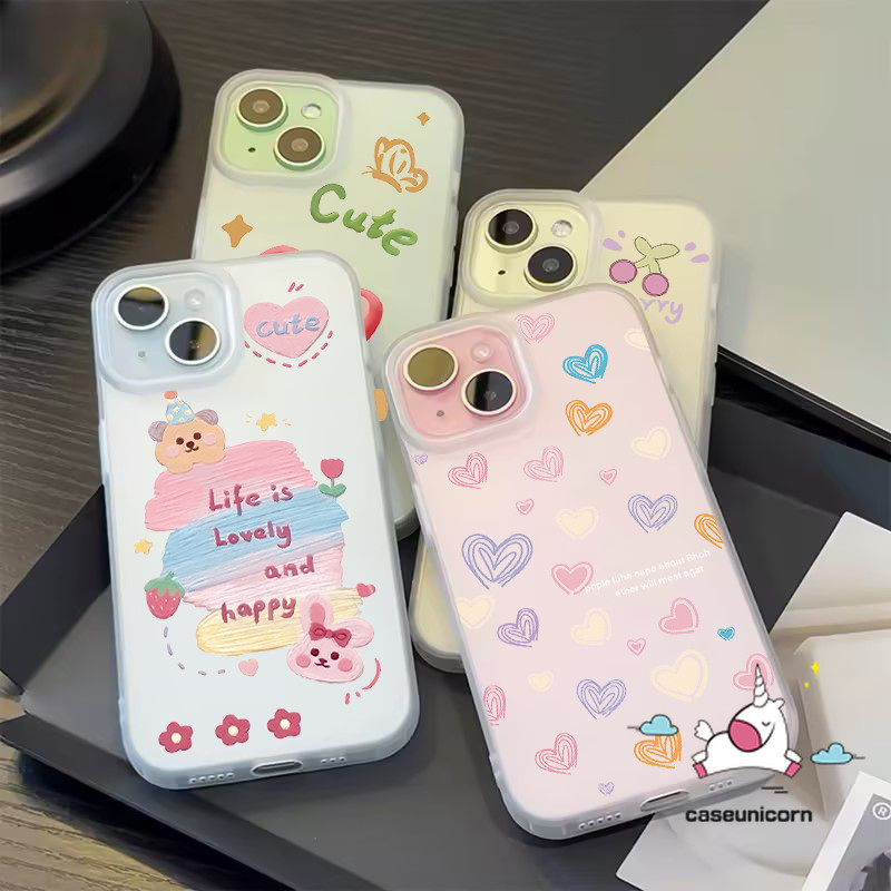 สีสันวาด Doodle การ์ตูนน่ารักทิวลิปหมีดอกไม้สําหรับIPhone 7Plus 11 14 15 12 13 Pro MAX 6s 7 8 6 Plus XR X XS MAX SE 2020 หรูหราหลุมขนาดใหญ่Frosted Soft Case