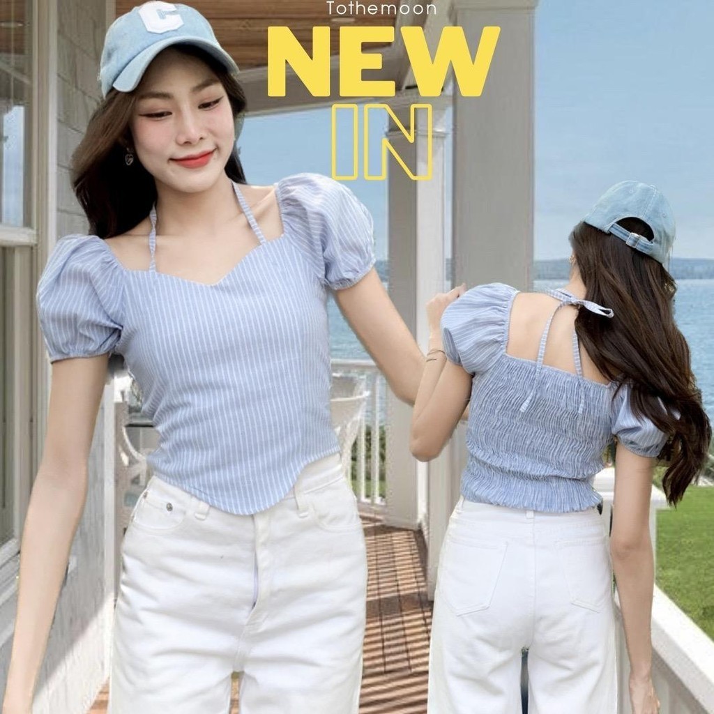 Mona top : เสื้อแขนดอลลี่ แต่งสายคล้องคอหรือผูกโบว์ก็ได้ ผ้าคอตตอนลายริ้ว ชายวีใส่แล้วเข้ารูป KN.Clothes