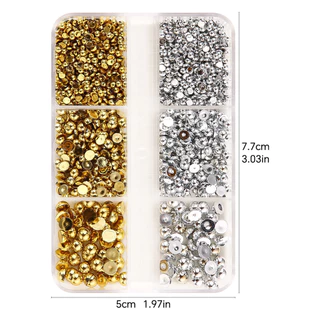 ลูกเหล็กตกแต่งเล็บ Golden Sliver Nail Art สติ๊กเกอร์ติดเล็บ Rhinestones 6Grid ครึ่งรอบ NIBIRUDU