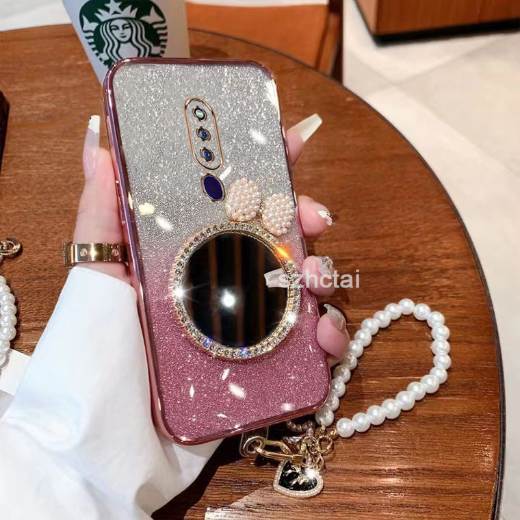 เคสโทรศัพท์ oppo f11 pro f11 หรูหราแวววาวชุบโทรศัพท์กรณี กรณีโทรศัพท์ใสเปลือกหอยมุกโบว์กระจกแต่งหน้าพร้อมสร้อยข้อมือ เคส oppo f11 pro f11