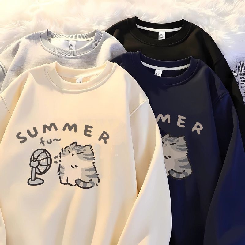 การ์ตูนแมวแขนยาวเสื้อกันหนาวผู้หญิงหลวมเสื้อกันหนาวที่เรียบง่าย ไม่จํากัดเพศ เสื้อสวมหัว